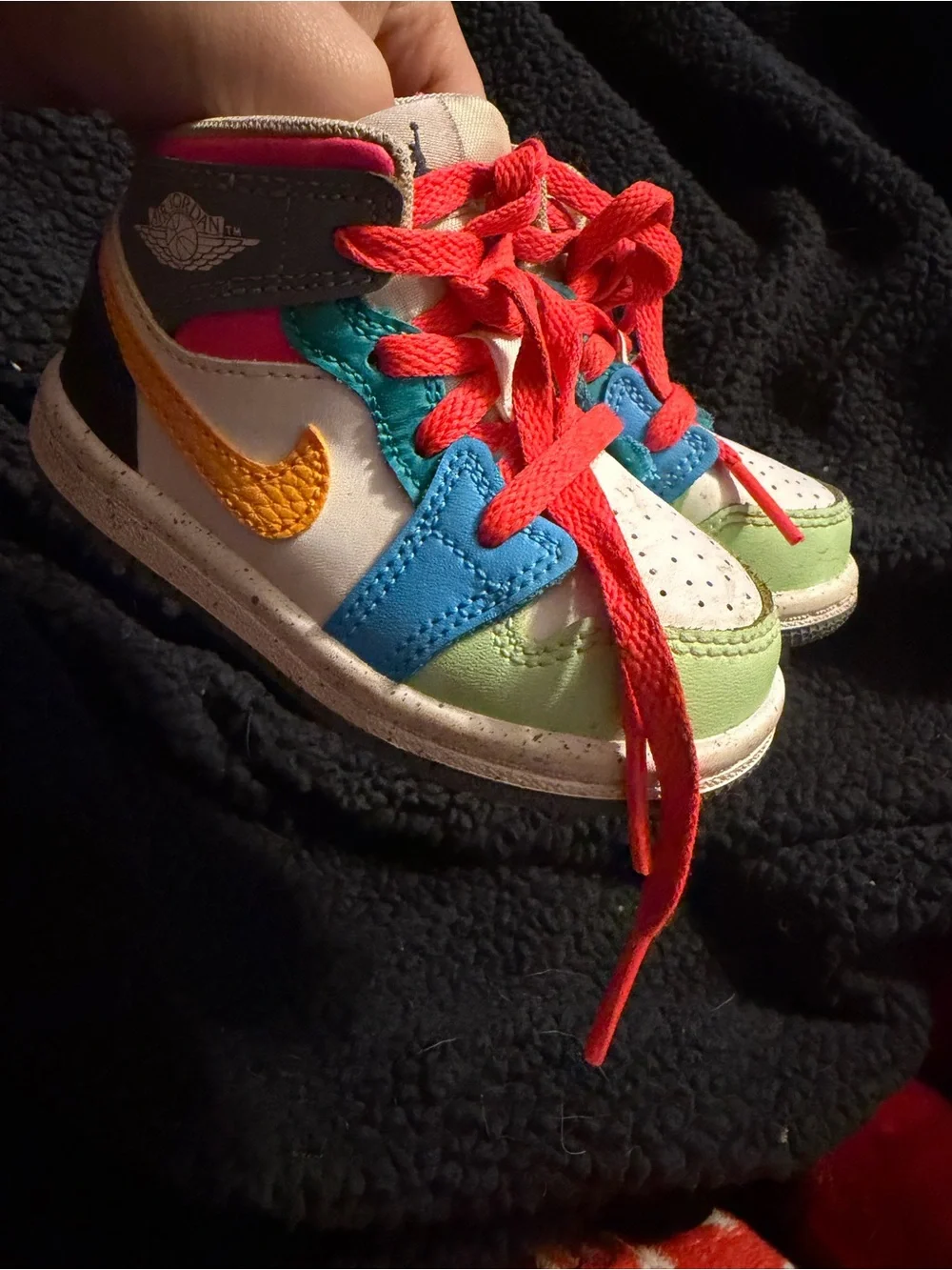 Jordan Kids Multicolor High-Top Sneakers with Red Laces and Yellow Swoosh